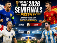 FIFA World Cup 2026 semifinals preview graphic featuring France vs Spain and England vs Argentina in a dream last four lineup at the tournament.