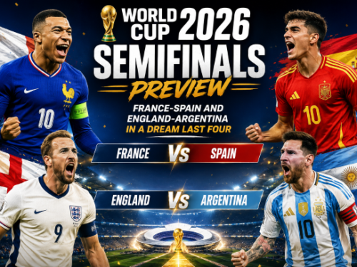 FIFA World Cup 2026 semifinals preview graphic featuring France vs Spain and England vs Argentina in a dream last four lineup at the tournament.