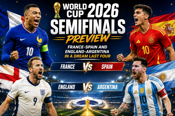 FIFA World Cup 2026 semifinals preview graphic featuring France vs Spain and England vs Argentina in a dream last four lineup at the tournament.