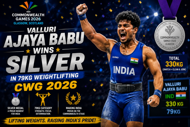 Indian weightlifter Valluri Ajaya Babu celebrating his silver medal win on the podium in Glasgow.