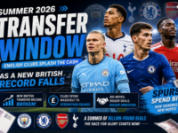 Summer 2026 transfer window graphic showing English clubs splashing the cash with a new British transfer record falling and Tottenham Hotspur spending big in the most expensive summer window in English football history.