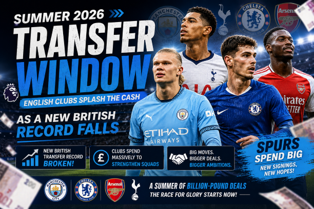 Summer 2026 transfer window graphic showing English clubs splashing the cash with a new British transfer record falling and Tottenham Hotspur spending big in the most expensive summer window in English football history.