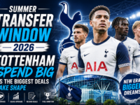 Summer Transfer Window 2026 graphic showing Tottenham Hotspur spending big as the biggest transfer deals and signings take shape across European football clubs.