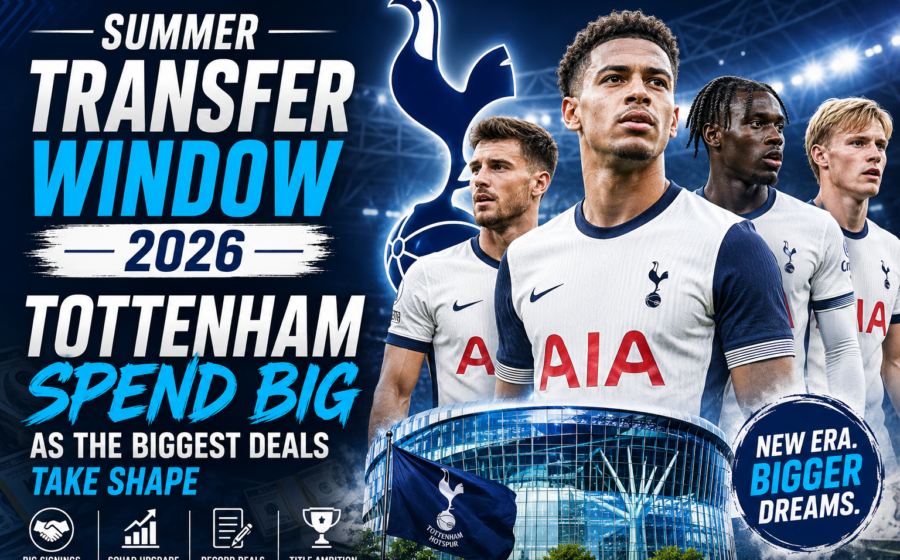 Summer Transfer Window 2026 graphic showing Tottenham Hotspur spending big as the biggest transfer deals and signings take shape across European football clubs.