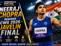 Indian javelin thrower Neeraj Chopra preparing for a throw at the Commonwealth Games 2026.