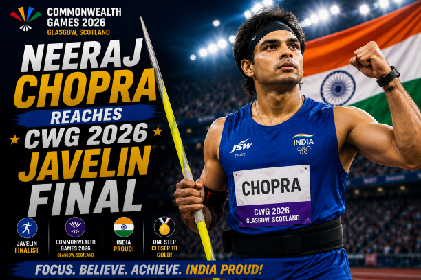 Indian javelin thrower Neeraj Chopra preparing for a throw at the Commonwealth Games 2026.
