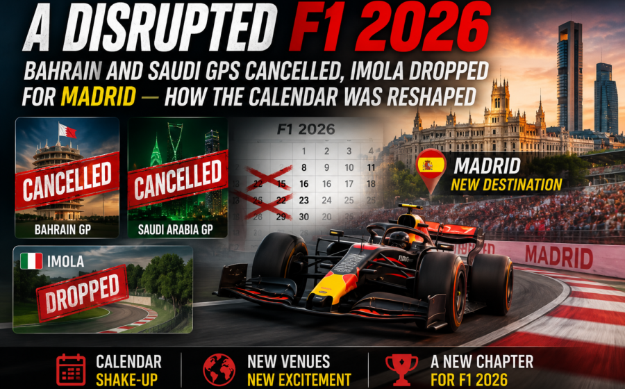 Formula 1 2026 calendar changes graphic showing Bahrain and Saudi Arabian Grand Prix cancelled and Imola dropped with Madrid added as the F1 2026 season calendar was reshaped and restructured.