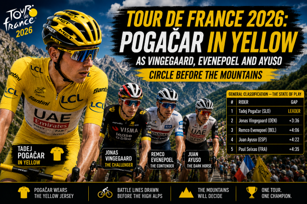Tadej Pogacar leads Tour de France 2026 in yellow jersey as Jonas Vingegaard Remco Evenepoel and Juan Ayuso circle ahead of the mountain stages in the general classification battle.