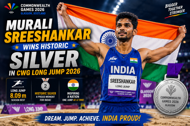 Murali Sreeshankar celebrating his historic silver medal win in the long jump at the Commonwealth Games 2026.