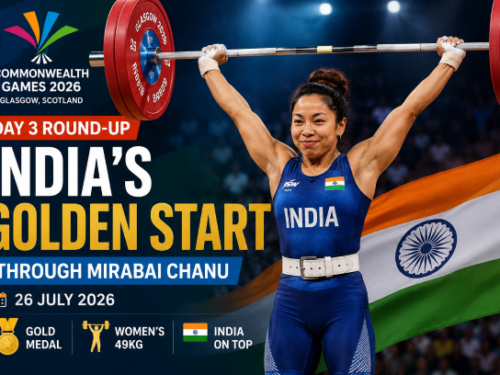Commonwealth Games 2026 Day 3 roundup graphic featuring Mirabai Chanu winning gold for India on July 26 at the Glasgow 2026 multi-sport games in a golden start for Indian athletes in Scotland.