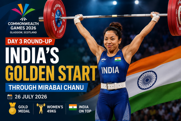 Commonwealth Games 2026 Day 3 roundup graphic featuring Mirabai Chanu winning gold for India on July 26 at the Glasgow 2026 multi-sport games in a golden start for Indian athletes in Scotland.
