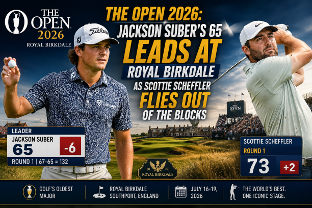 Jackson Suber shoots a stunning 65 to lead The Open Championship 2026 at Royal Birkdale while Scottie Scheffler makes a flying start in the first round of the prestigious golf major.