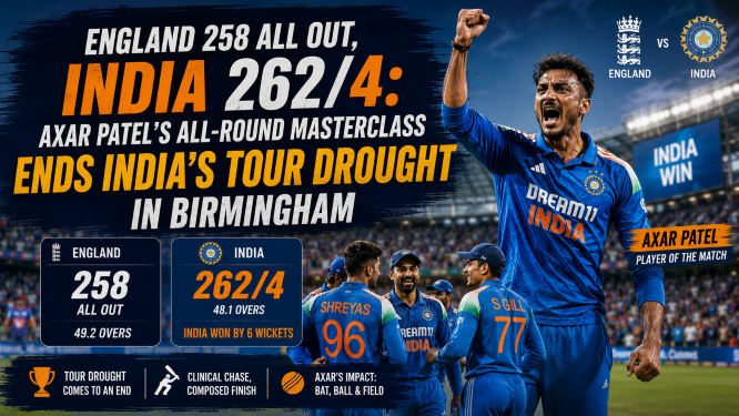 Axar Patel delivers an all-round masterclass as India score 262/4 to beat England 258 all out in the ODI at Birmingham ending India's tour drought with a historic victory in England 2026.