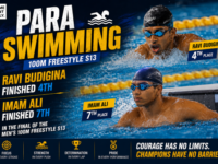 Ravi Budigina and Imam Ali competing in the Men's 100m Freestyle S13 Final.