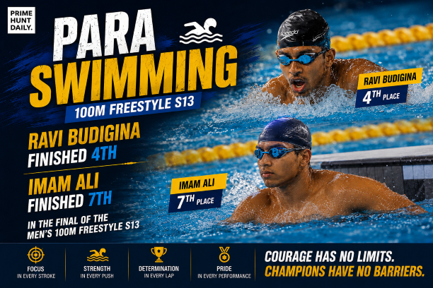 Ravi Budigina and Imam Ali competing in the Men's 100m Freestyle S13 Final.