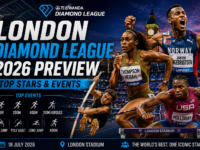 London Diamond League 2026 preview graphic featuring top athletics stars and marquee events set to compete at the prestigious London Diamond League meeting at London Stadium.