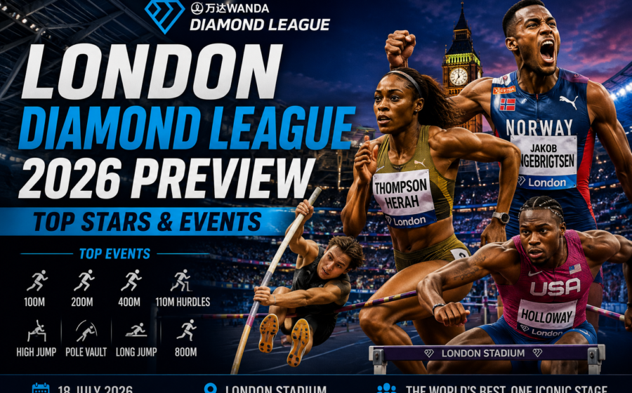 London Diamond League 2026 preview graphic featuring top athletics stars and marquee events set to compete at the prestigious London Diamond League meeting at London Stadium.