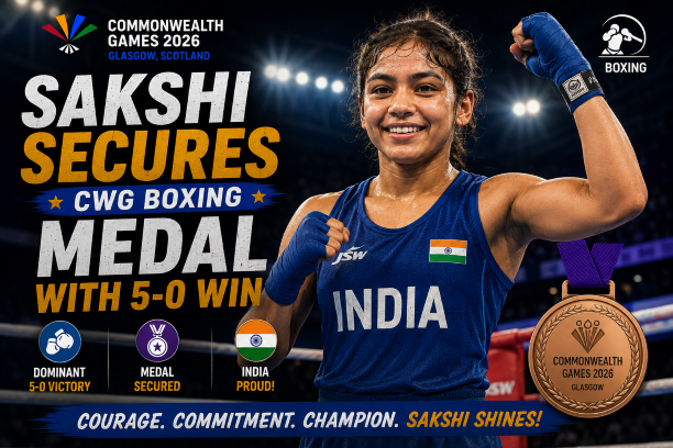 Indian boxer Sakshi celebrating her dominant quarterfinal win at the Commonwealth Games 2026.