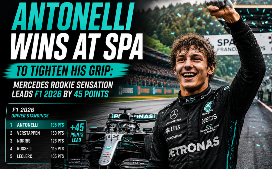 Andrea Kimi Antonelli wins at Spa-Francorchamps Belgian Grand Prix to tighten his grip on the Formula 1 2026 championship lead with the Mercedes rookie sensation now leading by 45 points.