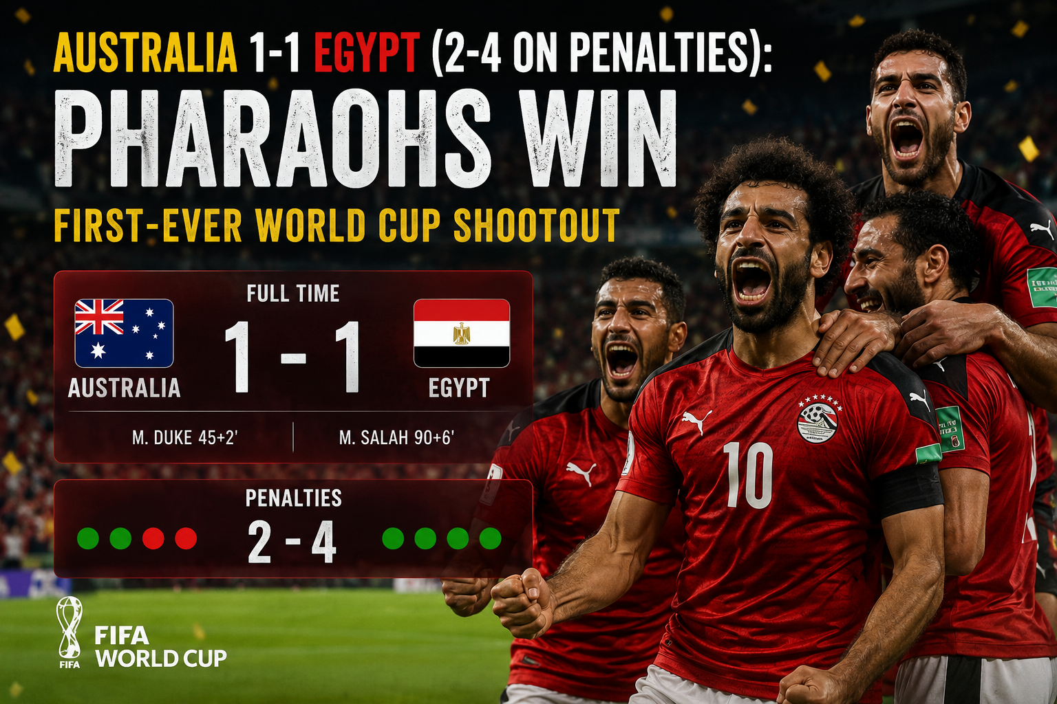 Egypt beat Australia 2-4 on penalties after a 1-1 draw in FIFA World Cup 2026 Round of 32 as Pharaohs win their first ever World Cup penalty shootout to advance into the Round of 16.