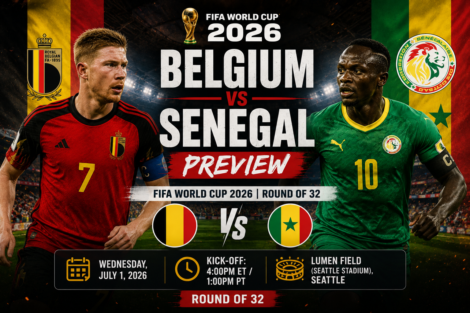 Belgium vs Senegal FIFA World Cup 2026 Round of 32 preview match graphic at Lumen Field Seattle on Wednesday July 1 2026 kickoff 4:00 PM ET 1:00 PM PT.