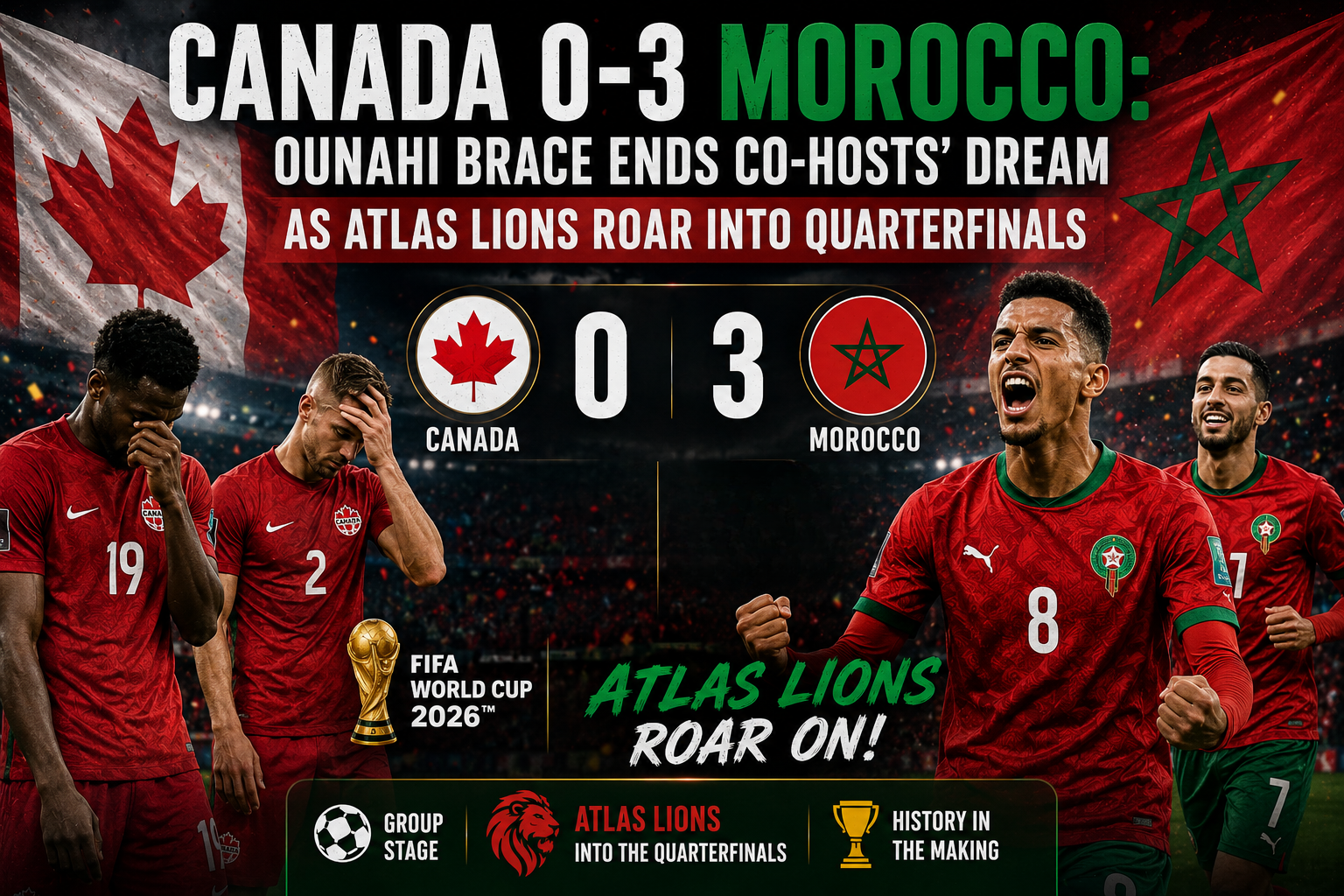 Morocco beat Canada 3-0 in FIFA World Cup 2026 Round of 16 with Azzedine Ounahi scoring a brace to end co-hosts Canada's World Cup dream and send Atlas Lions roaring into the quarterfinals.