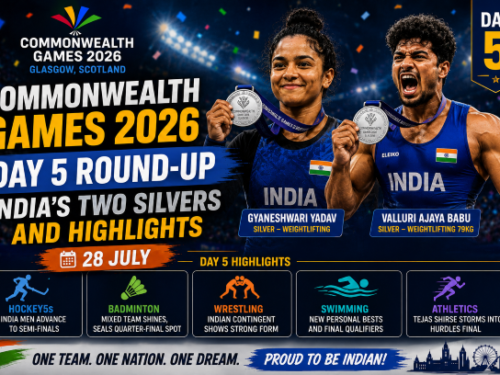 Commonwealth Games 2026 Day 5 roundup graphic covering India's two silver medals and top highlights from July 28 at the Glasgow 2026 multi-sport games in Scotland.