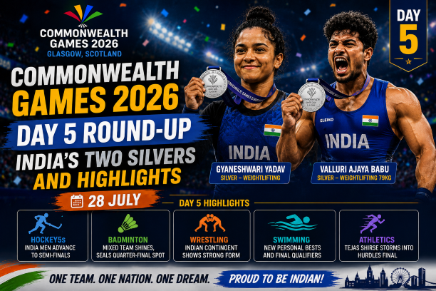 Commonwealth Games 2026 Day 5 roundup graphic covering India's two silver medals and top highlights from July 28 at the Glasgow 2026 multi-sport games in Scotland.