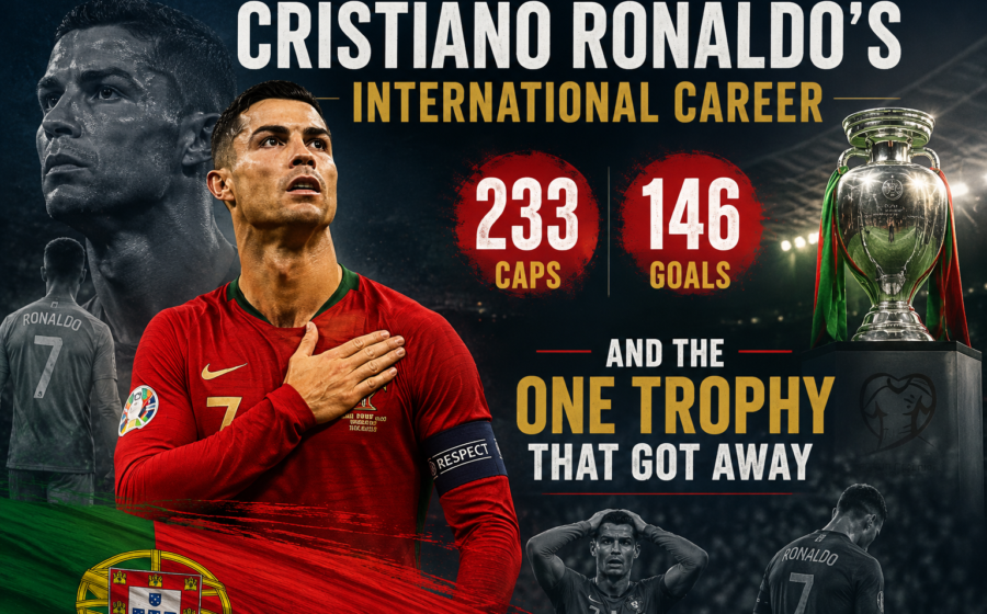 Cristiano Ronaldo international career retrospective graphic showcasing 233 caps 146 goals and the highlights and heartbreaks of his legendary Portugal career including the World Cup that got away.