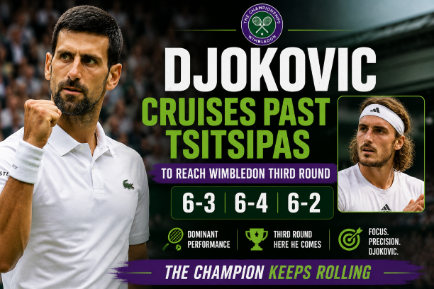 Novak Djokovic beats Stefanos Tsitsipas 6-3 6-4 6-2 in straight sets to advance into Wimbledon 2026 third round at the All England Club SW19.