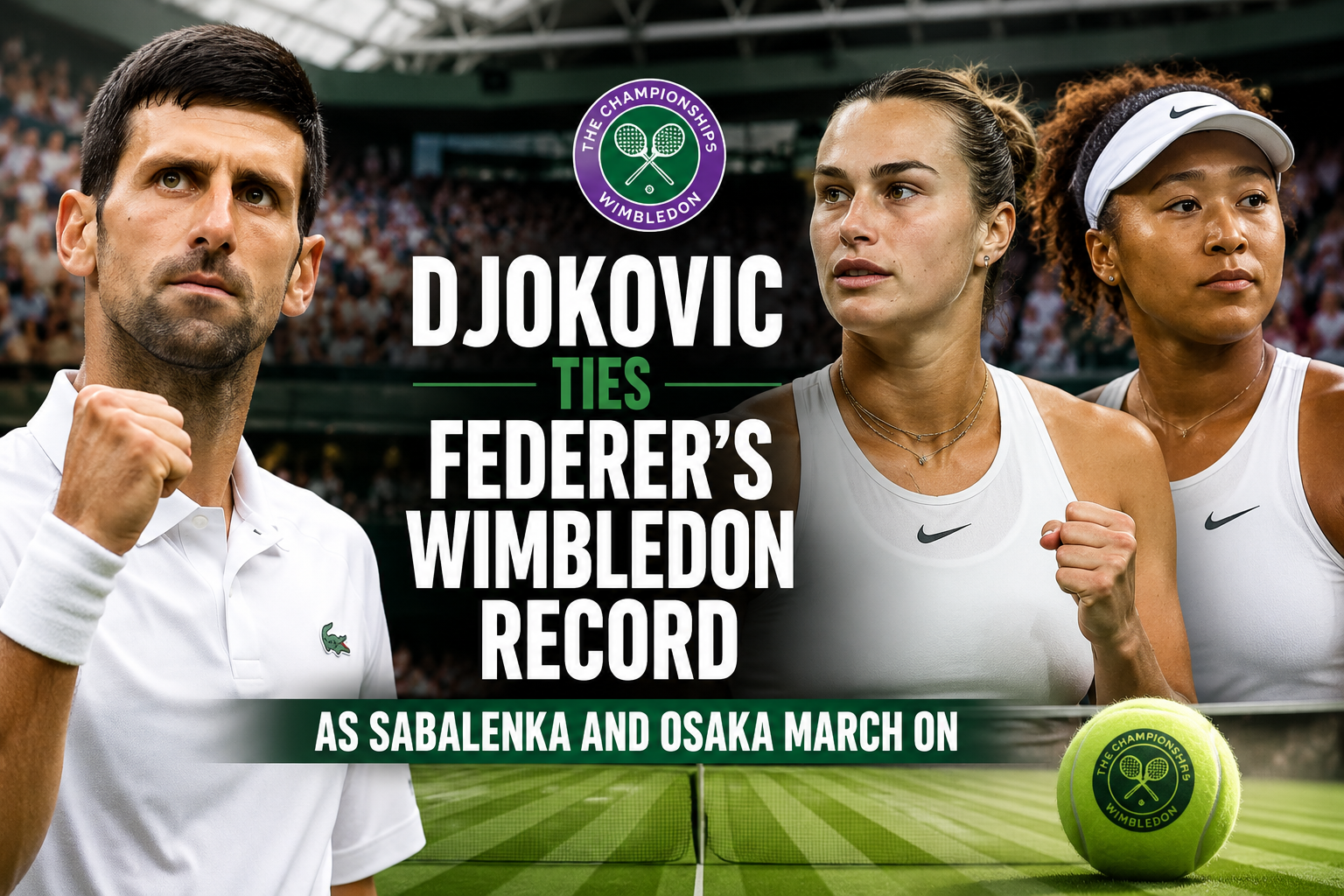 Novak Djokovic ties Roger Federer's Wimbledon record while Aryna Sabalenka and Naomi Osaka advance in Wimbledon 2026 third round results at the All England Club SW19.