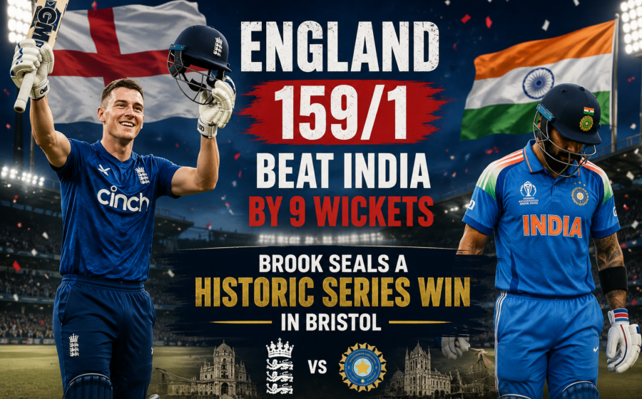 England beat India by 9 wickets in the 4th T20I at Bristol posting 159/1 with Harry Brook sealing a historic T20I series win against India at Bristol 2026.