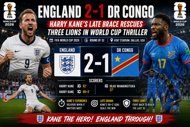 England beat DR Congo 2-1 as Harry Kane's late brace rescues Three Lions in FIFA World Cup 2026 Round of 32