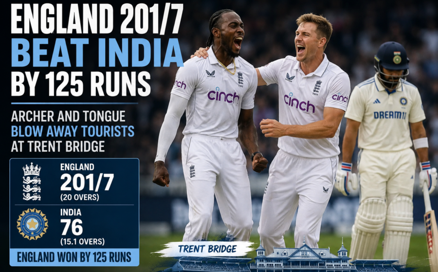 England beat India by 125 runs in the 3rd T20I at Trent Bridge Nottingham with Jofra Archer and Ollie Tongue bowling out India as England post 201/7 to win the T20I series 2026.