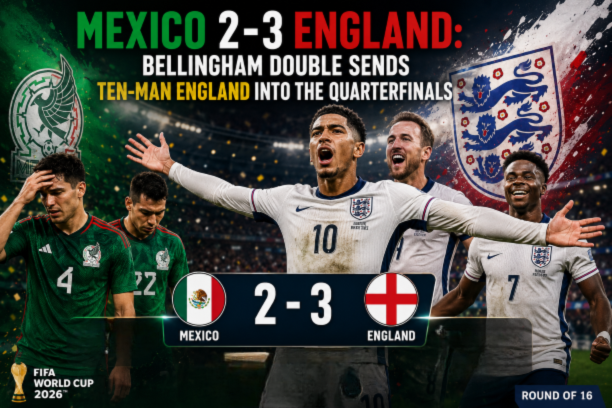England beat Mexico 3-2 in FIFA World Cup 2026 Round of 16 with Jude Bellingham scoring a double to send ten-man Three Lions into the quarterfinals in a dramatic match.