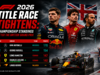 Formula 1 2026 championship standings graphic after the British Grand Prix at Silverstone showing the tightening title race with updated driver and constructor standings.