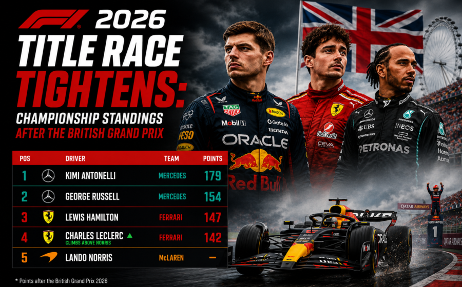 Formula 1 2026 championship standings graphic after the British Grand Prix at Silverstone showing the tightening title race with updated driver and constructor standings.