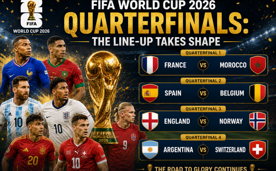 FIFA World Cup 2026 quarterfinals lineup graphic showing all eight teams that have advanced from the Round of 16 to compete in the quarterfinal stage of the tournament.