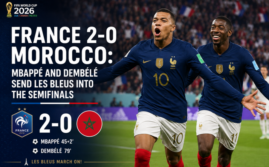 France beat Morocco 2-0 in FIFA World Cup 2026 quarterfinal with Kylian Mbappe and Ousmane Dembele scoring to send Les Bleus into the semifinals of the tournament.