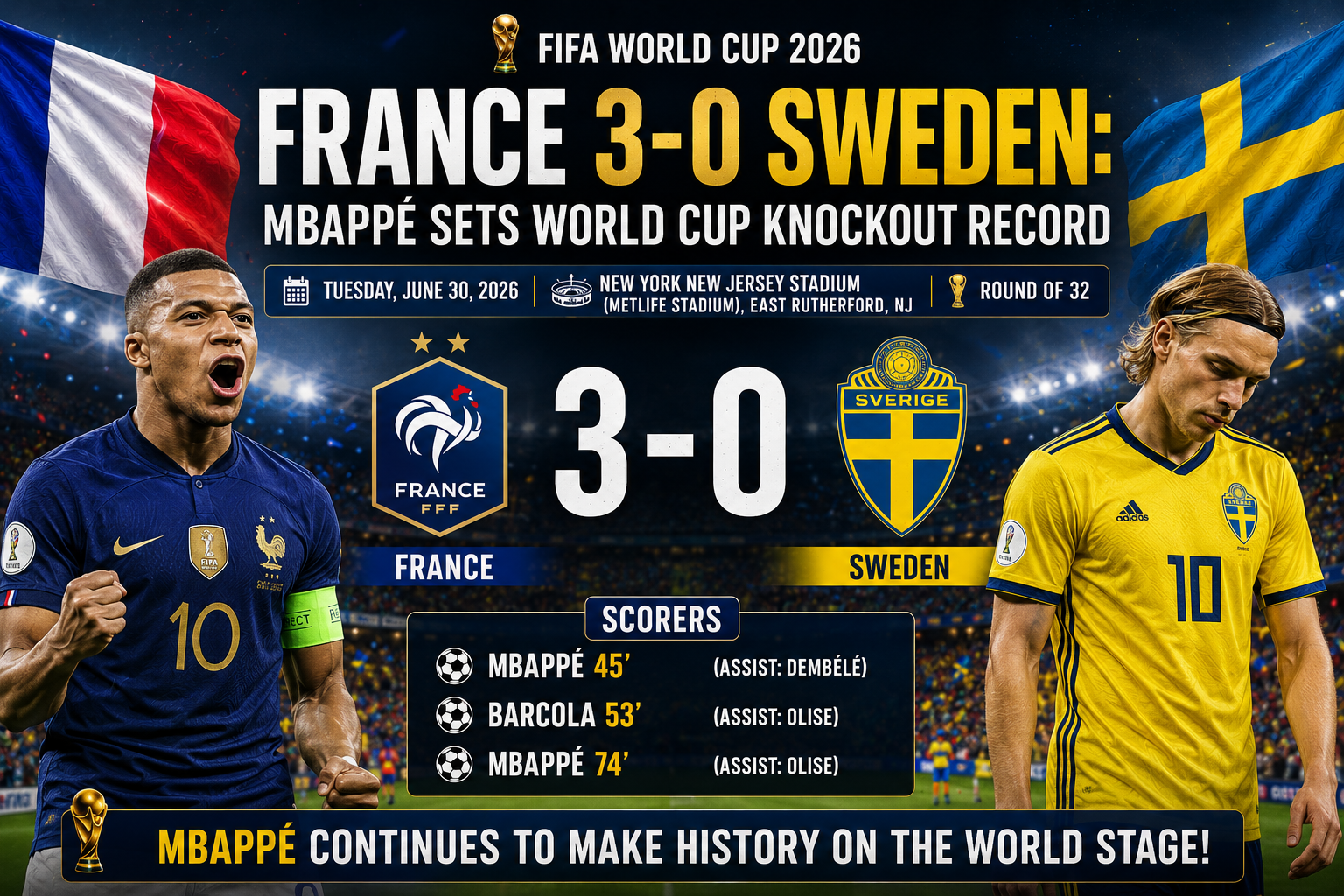 France beat Sweden 3-0 in FIFA World Cup 2026 Round of 32 at MetLife Stadium East Rutherford with Mbappe scoring twice and Barcola adding a goal as Mbappe sets World Cup knockout record on June 30 2026.