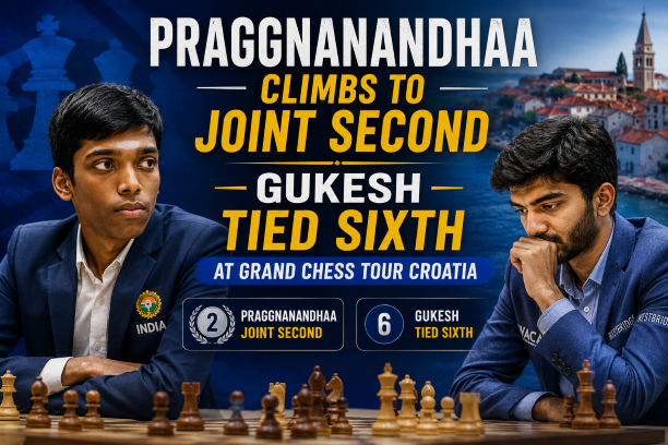 Praggnanandhaa climbs to joint second place while Gukesh is tied sixth at Grand Chess Tour Croatia 2026 in the latest standings update for Indian chess players.