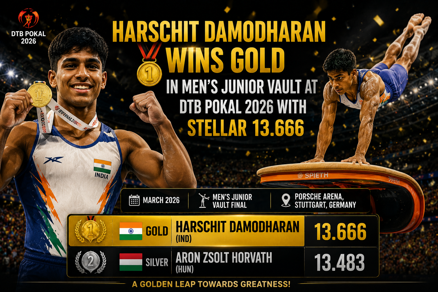 Harschit Damodharan wins gold medal in Men's Junior Vault Final at DTB Pokal 2026 with a score of 13.666 at Porsche Arena Stuttgart Germany in March 2026 beating Aron Zsolt Horvath of Hungary who scored 13.483 for silver.