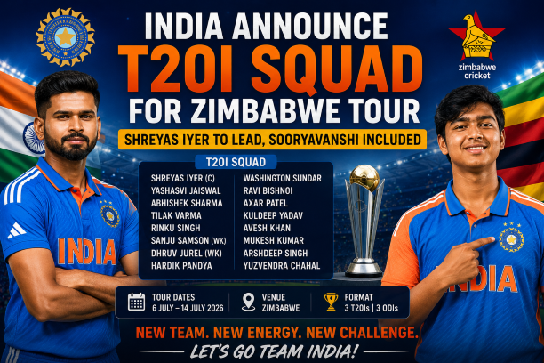 India announce T20I squad for Zimbabwe tour with Shreyas Iyer named as captain and young talent Vaibhav Sooryavanshi included in the team for the T20I series 2026.