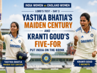 India Women vs England Women Lord's Test Day 3 highlights with Yastika Bhatia scoring a maiden Test century and Kranti Goud claiming a five wicket haul to put India on the brink of victory.