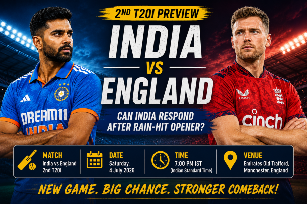 India vs England 2nd T20I preview graphic featuring match details and team analysis as India look to respond after rain-hit first T20I in the T20I series 2026.