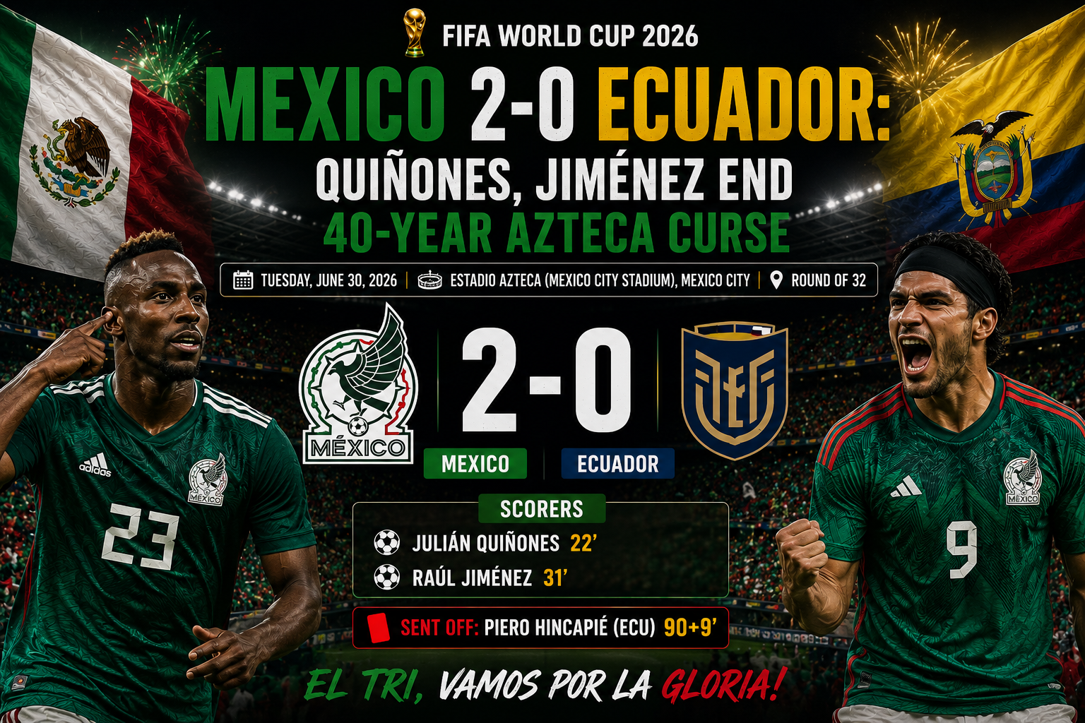 Mexico beat Ecuador 2-0 in FIFA World Cup 2026 Round of 32 at Estadio Azteca Mexico City with goals from Julian Quinones 22 minutes and Raul Jimenez 31 minutes ending the 40-year Azteca curse on June 30 2026.