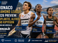 Monaco Diamond League 2026 Herculis preview graphic featuring Mondo Duplantis Julien Alfred and Faith Kipyegon headlining the prestigious athletics meeting in Monaco.