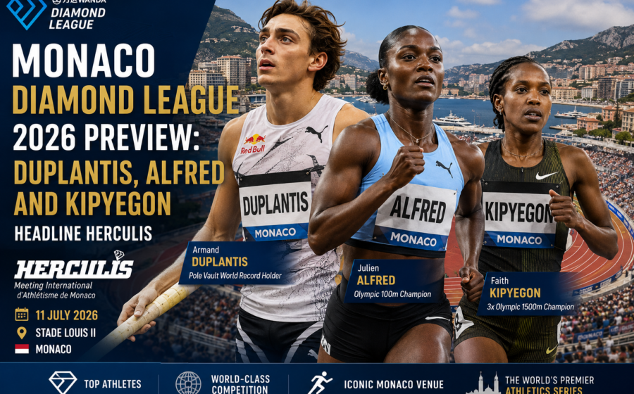 Monaco Diamond League 2026 Herculis preview graphic featuring Mondo Duplantis Julien Alfred and Faith Kipyegon headlining the prestigious athletics meeting in Monaco.