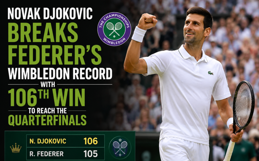 Novak Djokovic breaks Roger Federer's all time Wimbledon record with his 106th win at the All England Club to advance into the Wimbledon 2026 quarterfinals at SW19.
