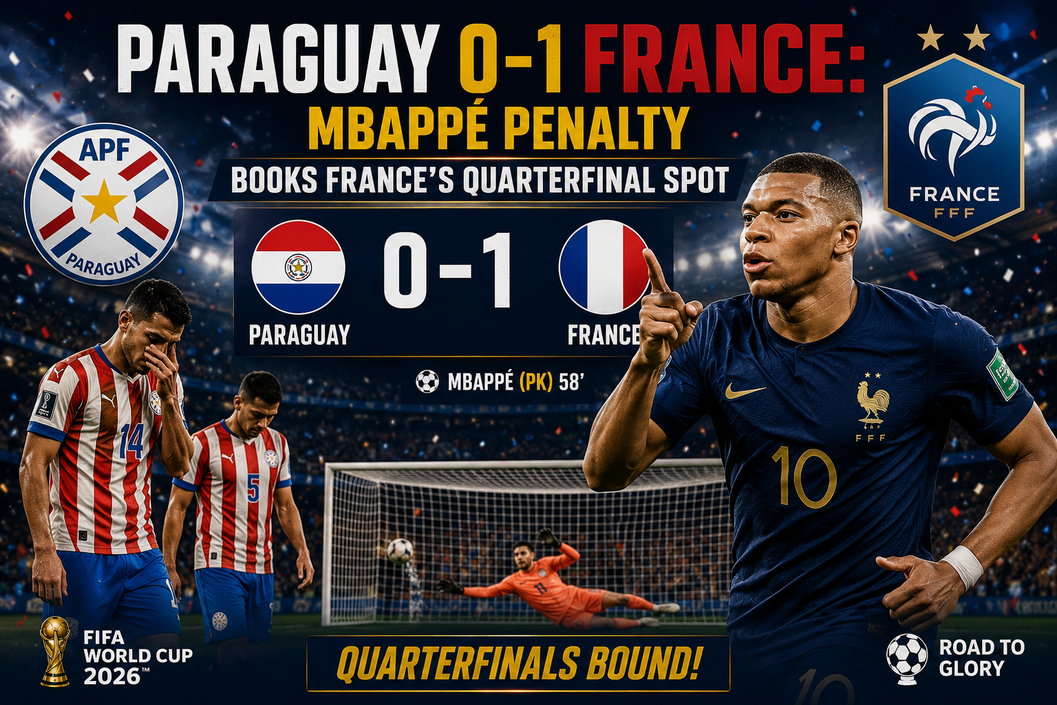 France beat Paraguay 1-0 in FIFA World Cup 2026 Round of 16 with Kylian Mbappe converting a penalty to book Les Bleus place in the quarterfinals.